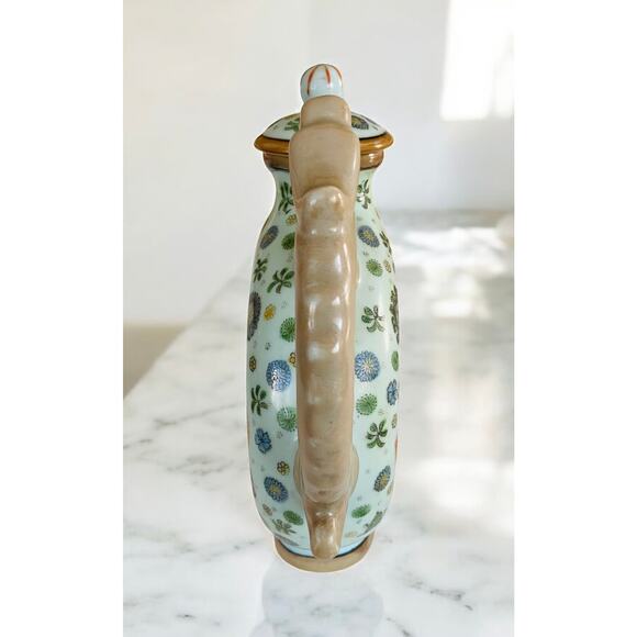 Vintage Chinese Donut Shaped Blue Floral Butterfly Porcelain Tea Pot with Dragon - Picture 8 of 16